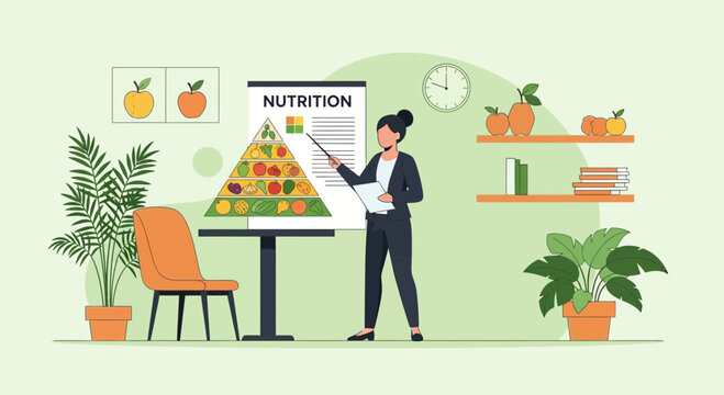 Professional Nutritionist Presenting Food Pyramid Chart For Healthy Diet Planning