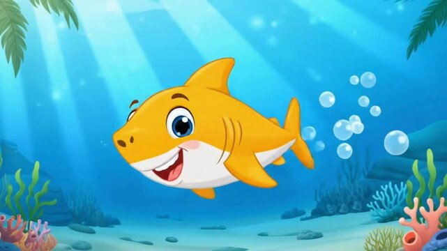 Animated Baby Shark Swimming Underwater with Bubbles in a Cartoon Ocean Scene