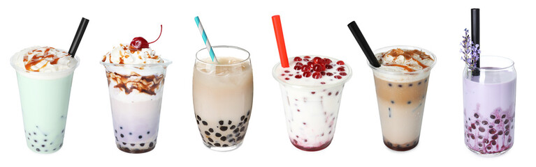 Bubble tea of different flavors on white background, set