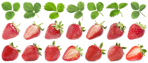 Fresh sweet strawberries and green leaves on white background, set
