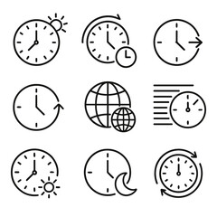 Time Zone Variations. Outline style icons of time zone variation: summer time, winter time, local shift, regional clock, global
