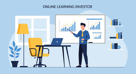 Fototapeta premium Investor Presentation With Graphic Charts And Online Education Webinar Concept