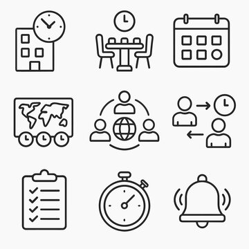 Time Zone Icons. Outline style icons of time zone offices: office clock, meeting room, desk calendar, timezone board, work
