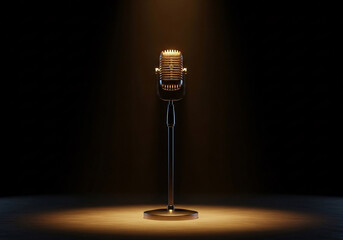 A Vintage Microphone on a Stand Under a Spotlight on a Dark Stage
