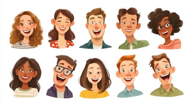 Set of human faces expressing positive emotions. Human faces with wide smiles. Set of cheerful people with happy facial expressions. Vector flat design illustrations isolated on white background., no