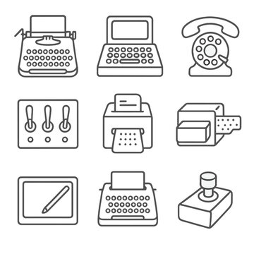 Historic Input Device Icons. Outline style icons of Historic Input Devices: typewriter keyboard, terminal input block, rotary dial