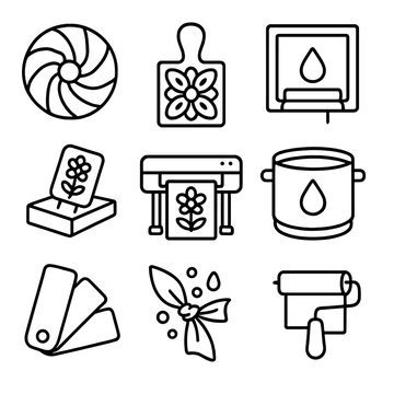 Dyeing Icons Collection. Outline style icons of Dyeing and Printing Methods: tie-dye circle, batik stamp, screen printing frame,