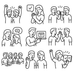 Team Achievement Icons. Outline style icons of Daily Team Wins: small win cheer, task done applause, coffee celebration, shared