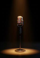 A Vintage Microphone on a Stand Under a Spotlight on a Dark Stage