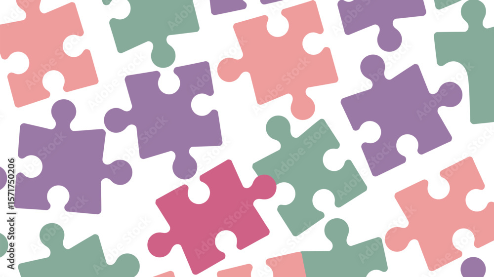 Poster a pattern of puzzle pieces in various colors scattered across a white background