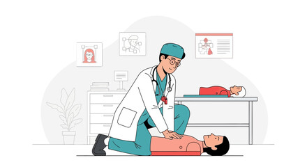 Doctor Performs Cpr On Manikin In Medical Training Simulation Illustration