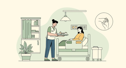 Attentive Nurse Bringing Meal To Patient In Hospital Bed Illustration
