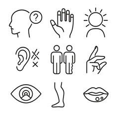 Rare Disorder Symptoms Icons. Outline style icons of Rare Disorder Symptoms: tremor with question mark, blue fingernails, sun