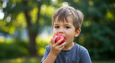 little boy eating apple