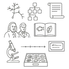 Evolutionary Icons Collection. Outline style icons of Systematics History: Darwin’s tree sketch, Linnaean chart, old