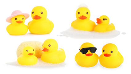 Cute rubber ducks on white background, collage