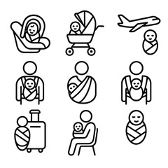 Fototapeta premium Travel with Swaddled Baby. Outline style icons of Swaddled Baby During Travel: baby wrapped in car seat, baby in stroller swaddled