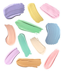 Palette of correctors on white background, set. Different colors of cosmetic product