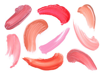 Liquid lipstick in different shades on white background, set. Palette of cosmetic product