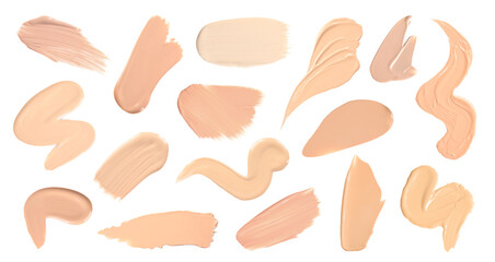 Skin foundation in different shades on white background, set. Palette of cosmetic product