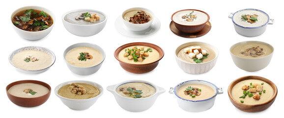 Delicious mushroom soups on white background, collage