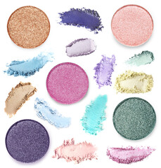 Crushed eyeshadows and refill pans on white background, set. Bright palette