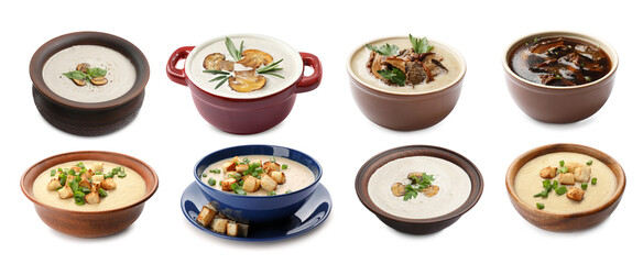 Delicious mushroom soups on white background, collage