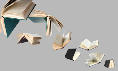 Hardcover books flying like birds against grey background