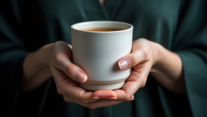 Woman in Green Knit Sweater Holding a Blank White Mug