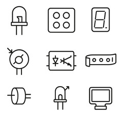 Optoelectronic Device Icons. Line style icons of Optoelectronic Devices: 5 mm LED, SMD LED array, seven-segment display,
