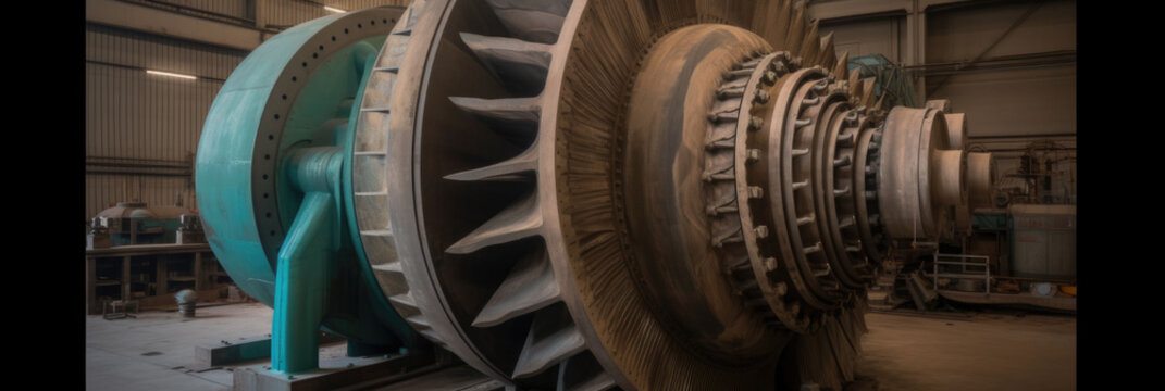 Rotating turbine captured in motion with cinematic lighting and industrial detail