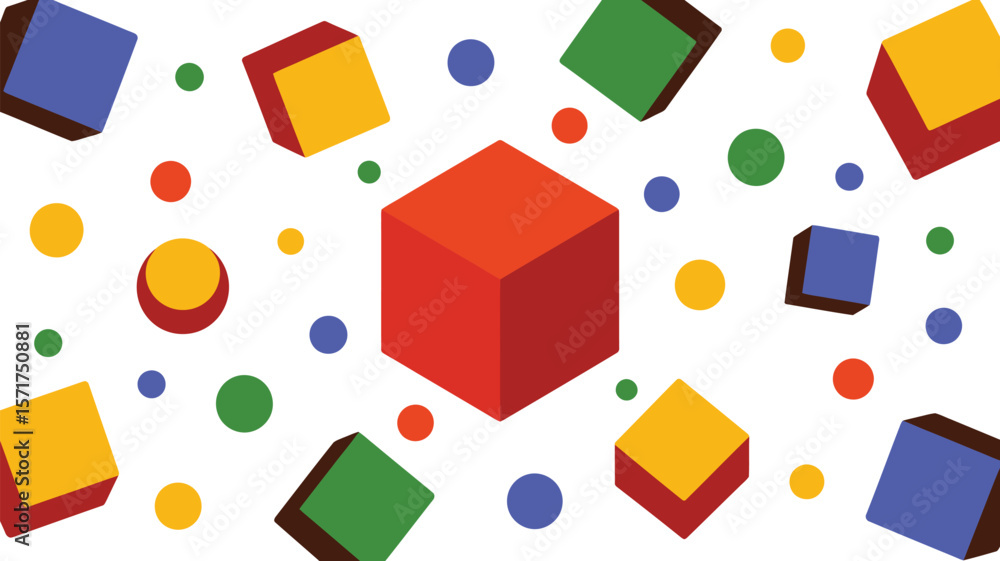 Poster a geometric pattern with colorful cubes and circles scattered on a light background