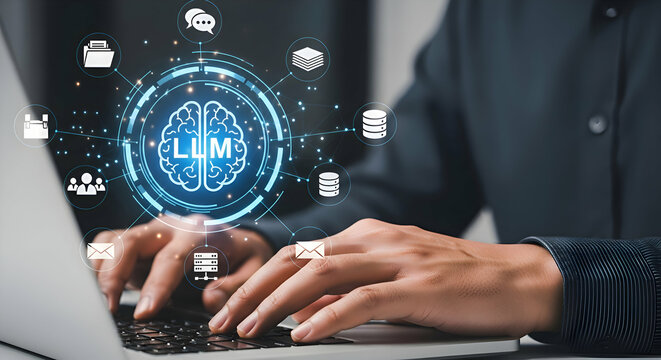 Person typing on a laptop with llm brain graphic and data icons overlayed in a digital network