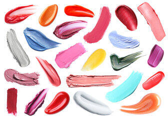 Different makeup products on white background, set. Palette of decorative cosmetics