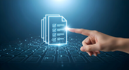 A hand interacting with a digital checklist on a futuristic interface with a blue background glow
