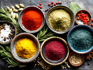Vibrant Array of Colorful Spices and Herbs in Bowls