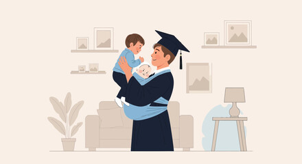 Proud Graduate Dad Holds Children After Achieving Academic Success At Home