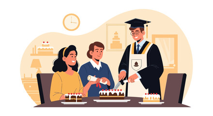 Proud Graduate Celebrates With Family Enjoying Cake After Graduation Ceremony