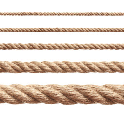 Ropes of different thickness isolated on white, set