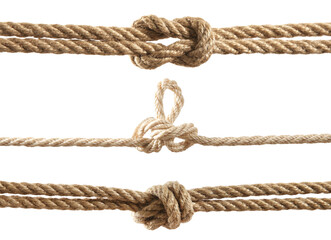 Ropes with different knots isolated on white, set