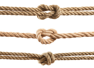 Ropes with different knots isolated on white, set