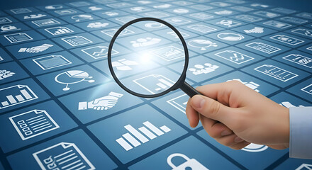 A hand holding a magnifying glass over a grid of business icons on a blue background with bright light
