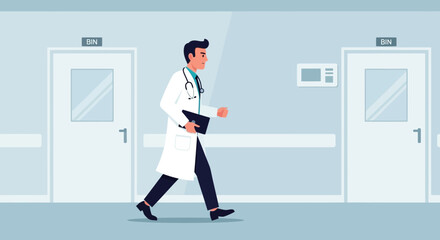 Obraz premium Doctor Walking Urgently In Hospital Corridor Holding Patient Records