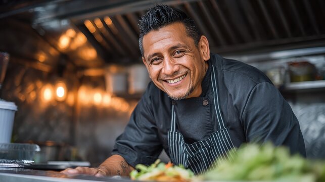 Hispanic man serving take away food inside food truck - Focus on chef face, no logos, no brands