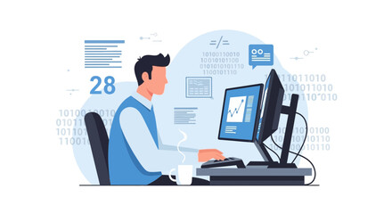 Man Analyzing Market Trends Using Dual Monitors in Modern Office Space