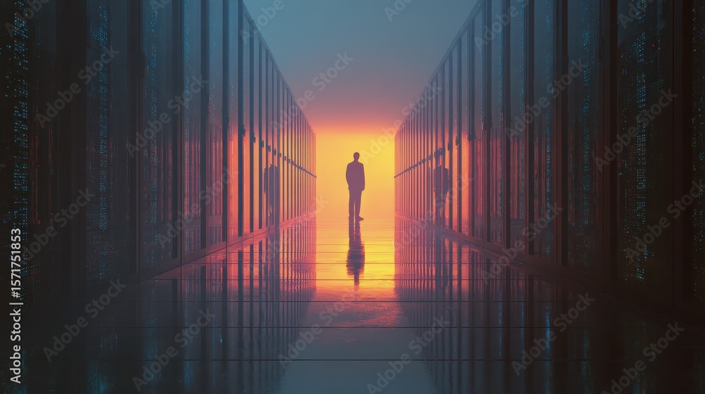 Poster silhouette of a person standing in the middle of a data center aisle, flanked by server racks with g