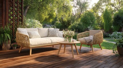 Obraz premium A rattan patio set including a sofa, a table and a chair on a wooden deck in the sunny garden., no logos, no brands