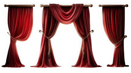 Three elegant red velvet curtains with gold finials, ideal for a stage or luxurious interior design isolated on transparent background