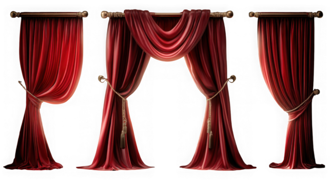 Three elegant red velvet curtains with gold finials, ideal for a stage or luxurious interior design isolated on transparent background