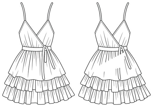 Sleeveless wrap dress with tiered ruffle skirt, adjustable waist tie, summer fashion style, vector flat sketch, technical drawing template